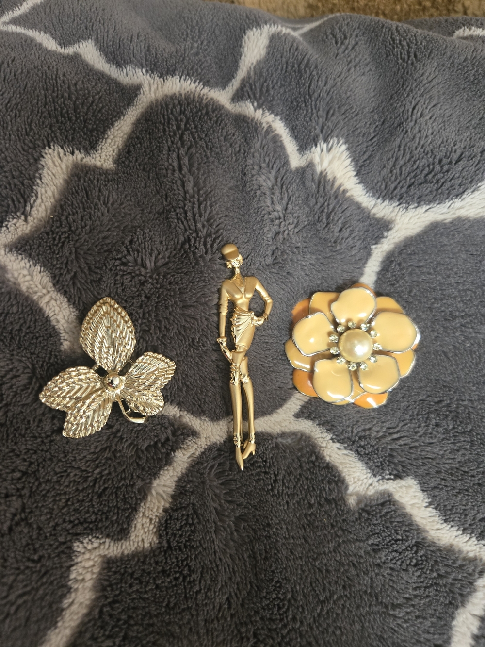 Vintage Brooch Lot: Gerry’s Clover Leaf, AJC Fashionista Lady & Joan Rivers Enam